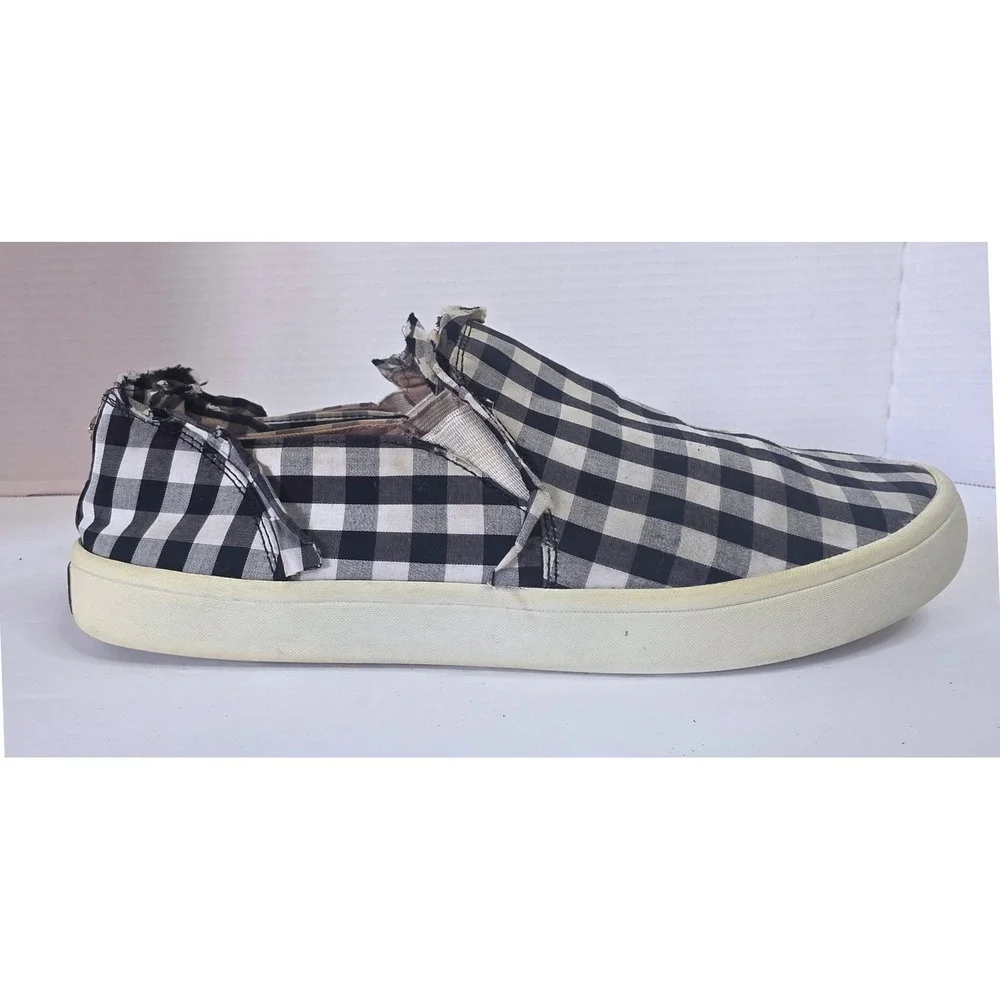 Kate Spade New York Lily Gingham Slip On Sneaker Black White Fray Canvas SZ 7